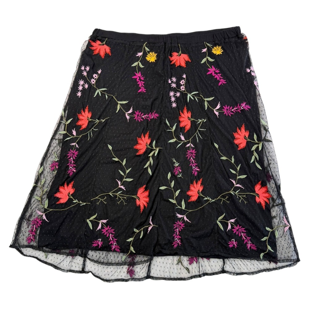 Coldwater Creek Floral Embroidered Mesh Midi Skirt Sz XL Cottage Boho Whimsigoth